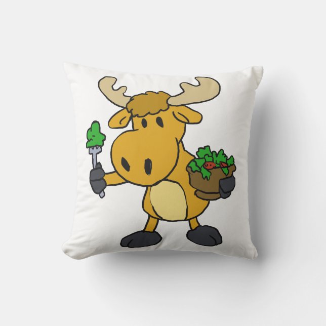 Cartoon moose eating salad | choose back colour throw pillow (Front)