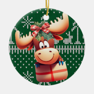 Cartoon Moose on Green Knitted Pattern Ceramic Ornament