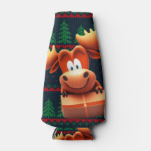 Cartoon Moose with Christmas Gift Can Coolers