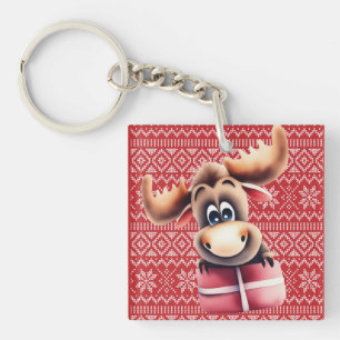 Cartoon Moose with Christmas Gift Keychain