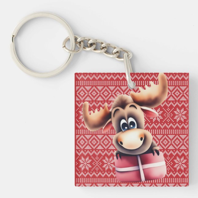 Cartoon Moose with Christmas Gift  Keychain (Front)