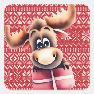Cartoon Moose with Christmas Gift  Square Sticker