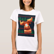 Cartoon Moose with Christmas Gift Tshirt Women