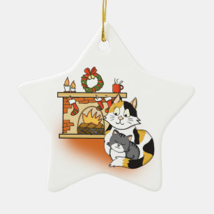 Cartoon Mother Cat and Kitten at Cozy Fireplace  Ceramic Ornament