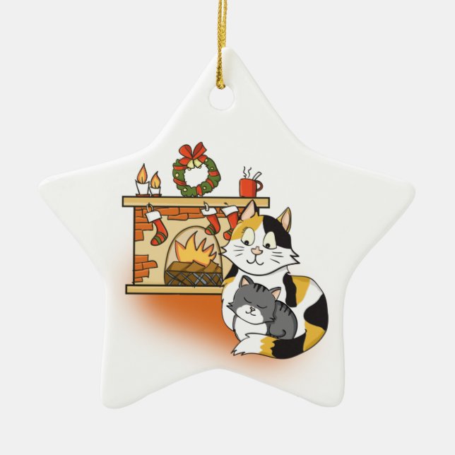 Cartoon Mother Cat and Kitten at Cozy Fireplace  Ceramic Ornament (Front)