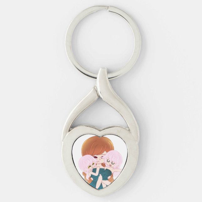 Cartoon Mother With Her Twins Heart Keychain (Front)