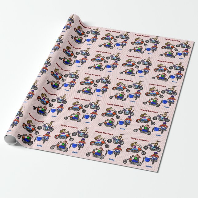Cartoon Motorcycle Bikers Gift Wrap -  Personalize (Unrolled)