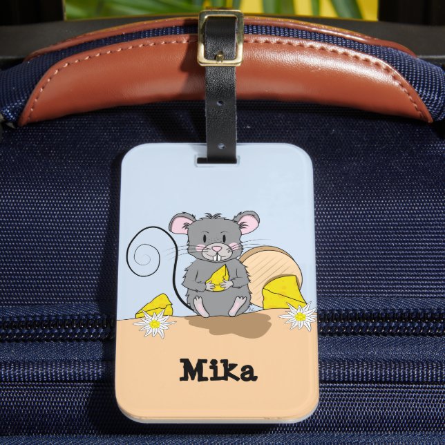 Cartoon Mouse eating Cheese Luggage Tag with Name (Front Insitu 2)