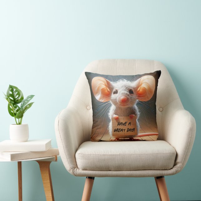 Cartoon Mouse With Cardboard Sign Throw Pillow (Chair)