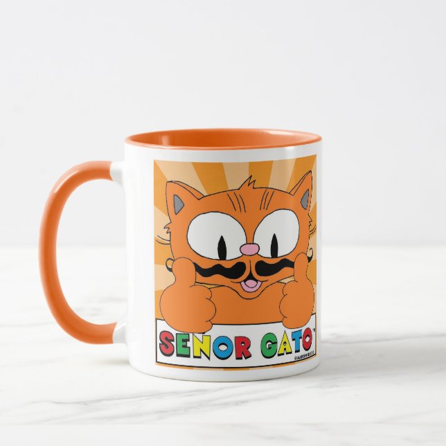 Cartoon Moustache Cat Senor Gato Thumbs Up Mug (Left)