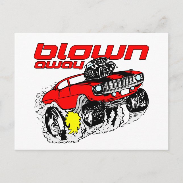Cartoon Muscle Car Blown Away Postcard (Front)