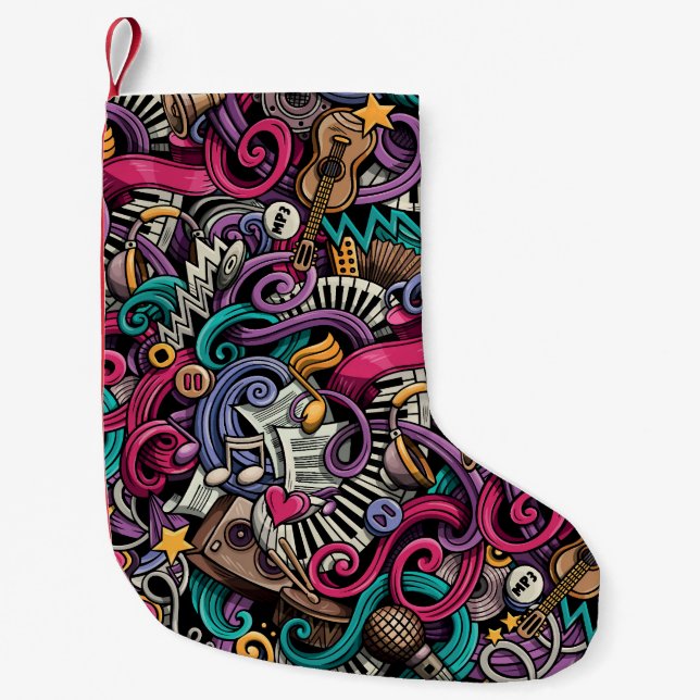 Cartoon Musical: Colourful Doodle Seamless. Small Christmas Stocking (Front)