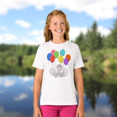 Cartoon Octopus Colorful Balloons Girl 