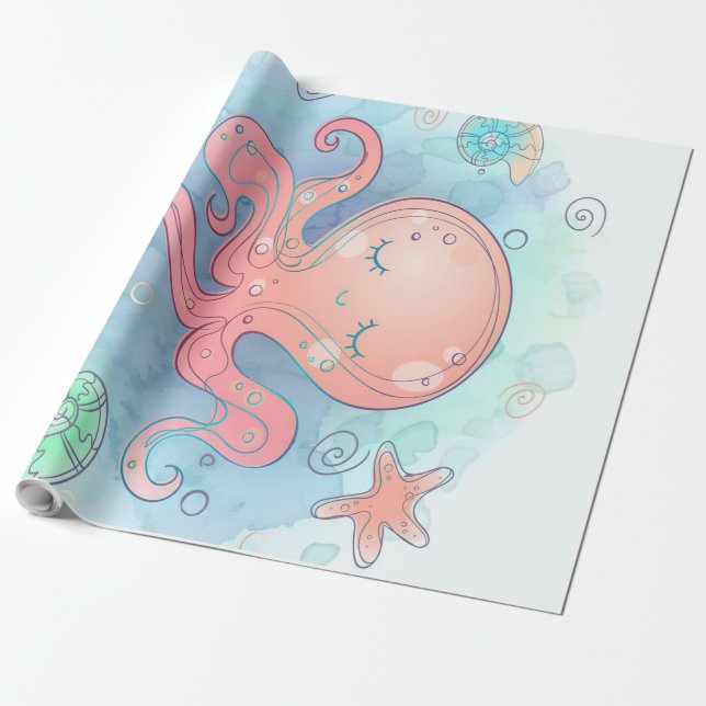 Cartoon Octopus | Cute Octopus Sweet Dream Wrapping Paper (Unrolled)
