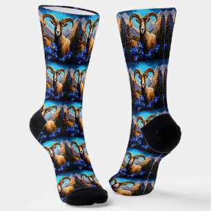 Cartoon Of A Colorado Bighorn Sheep Blue Columbine Socks