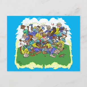 Cartoon of a Rugby match. Postcard
