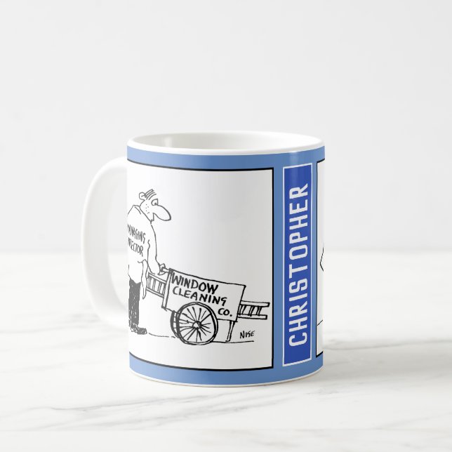 Cartoon of a Window Cleaner with Barrow. Funny Coffee Mug (Front Left)