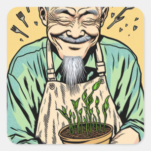Cartoon of Asian Man holding a Plant Square Sticker
