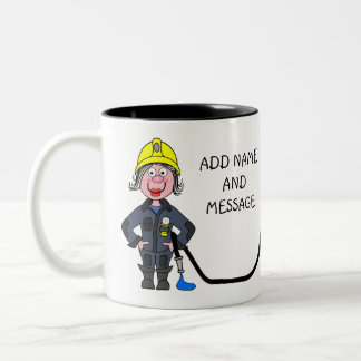 Cartoon of female Firefighter Two-Tone Coffee Mug