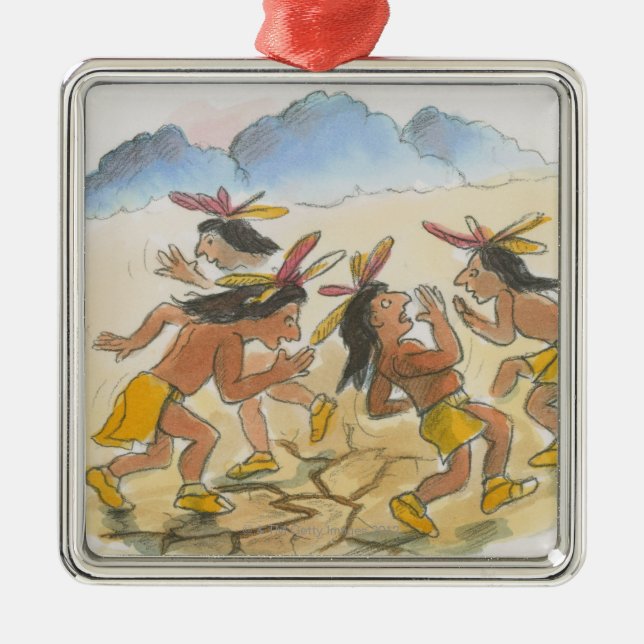Cartoon of Native American men performing rain Metal Ornament (Front)