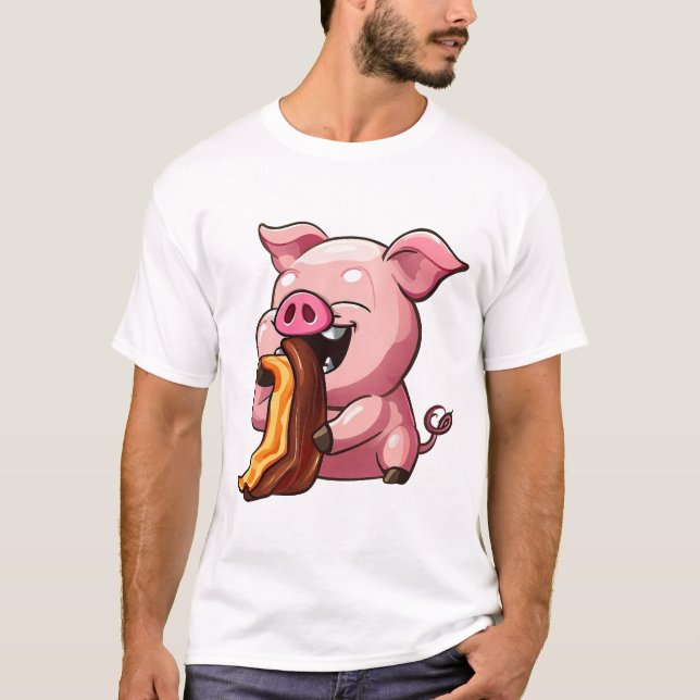 Cartoon of Pig Eating Bacon T-Shirt (Front)