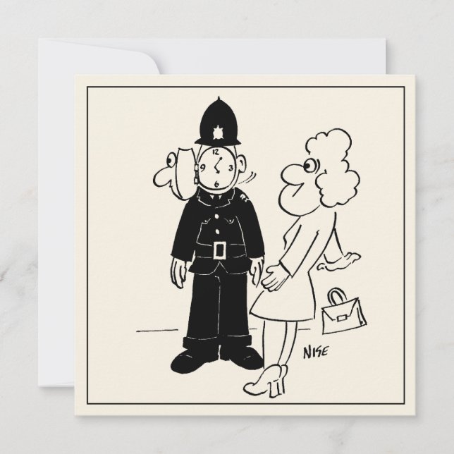 Cartoon of Policeman Who has a Clock Face. Card (Front)