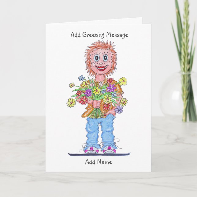 Cartoon of Woman Holding a Bunch of Flowers Card (Front)