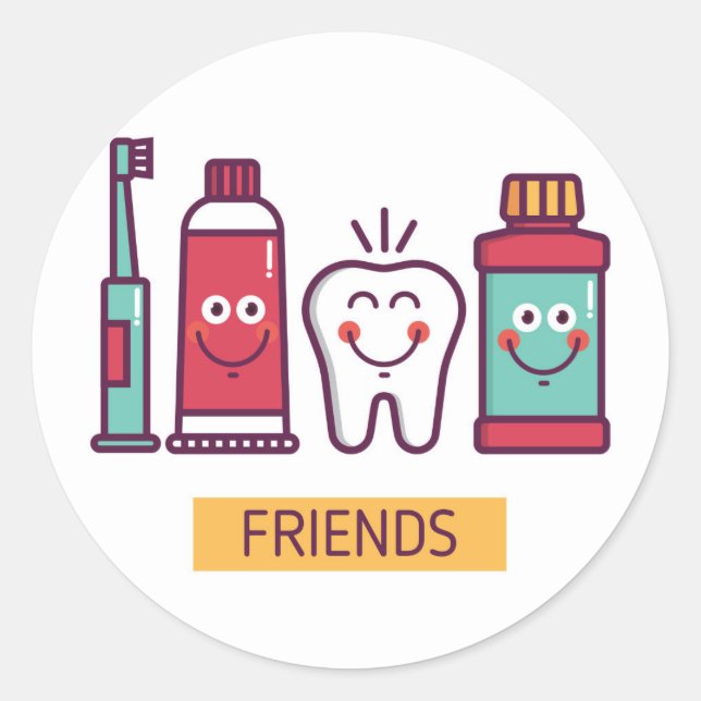 Cartoon Oral Care Friends Classic Round Sticker (Front)