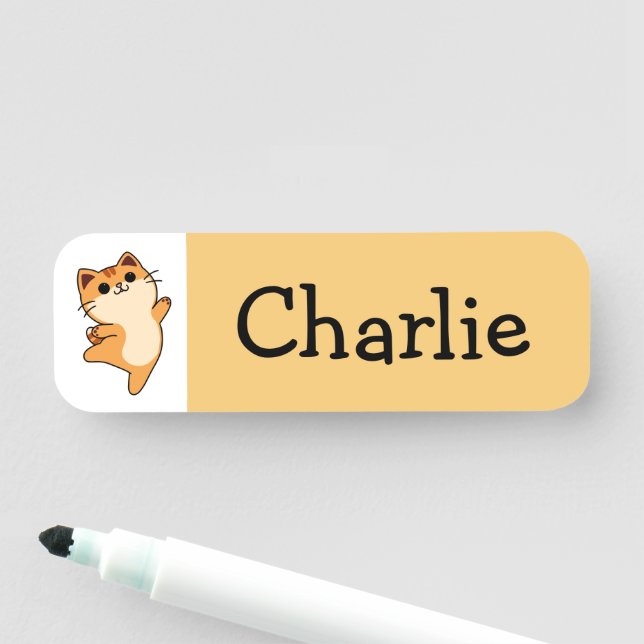 Cartoon Orange Cat, Custom, Yellow Name Tag (In Situ)