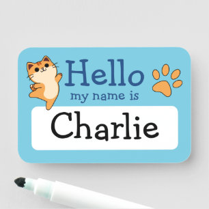 Cartoon Orange Cat, Paw Print, Custom, Blue Name Tag