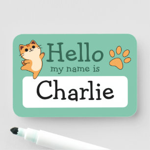 Cartoon Orange Cat, Paw Print, Custom, Green Name Tag