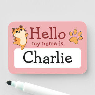 Cartoon Orange Cat, Paw Print, Custom, Pink Name Tag