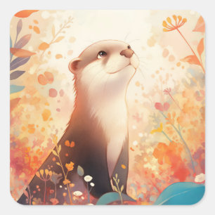 Cartoon Otter Looking Up in Autumn Wildflower Square Sticker