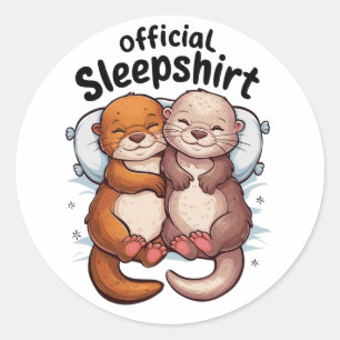 cartoon otters cuddling on a soft white pillow classic round sticker