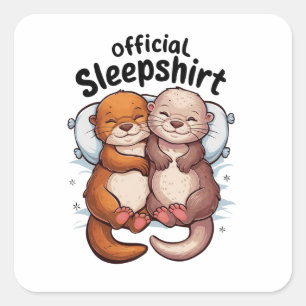cartoon otters cuddling on a soft white pillow square sticker