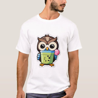 Cartoon owl holding a green bubble tea with pink b T-Shirt