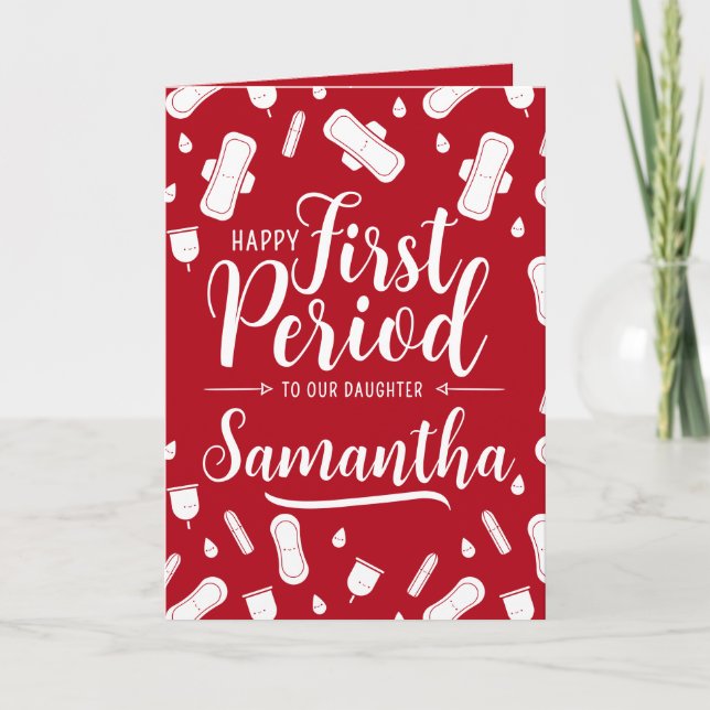 Cartoon Pads Red Script Daughter First Period Card (Front)
