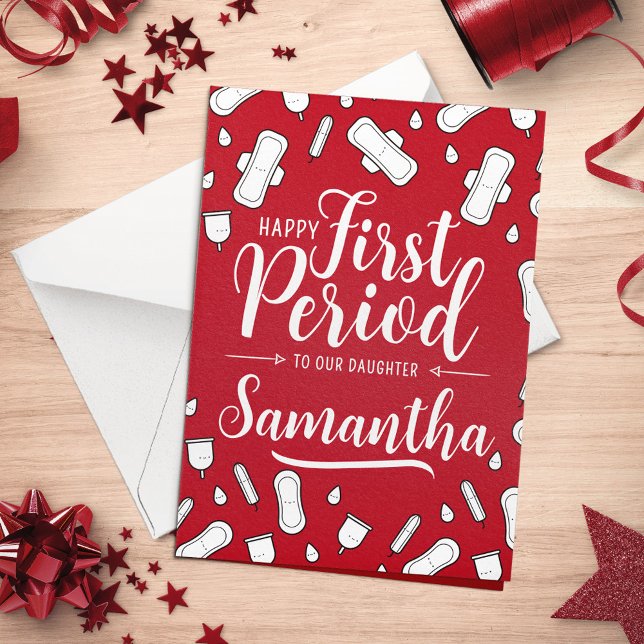 Cartoon Pads Red Script Teen Girl First Period Card (Cartoon Pads Red Script Teen Girl First Period Card)