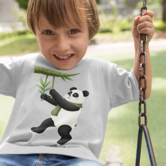 Cartoon Panda - Playful Panda with Bamboo T-Shirt