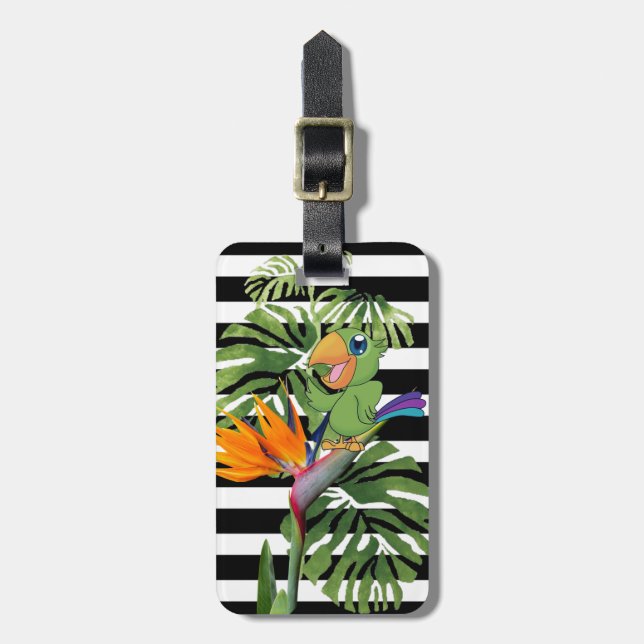 Cartoon Parrot, Palm Leaves, Stripes- Personalized Luggage Tag (Front Vertical)