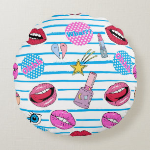 Cartoon patch badges: pop art. round pillow