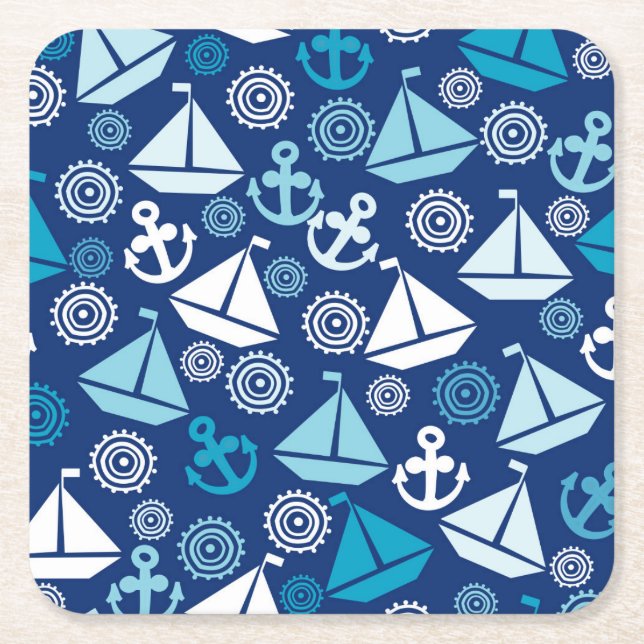 Cartoon Pattern With Sailboats Square Paper Coaster (Front)