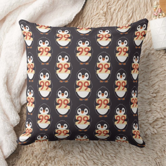 Cartoon Penguin Holding Number 99 Throw Pillow (Blanket)