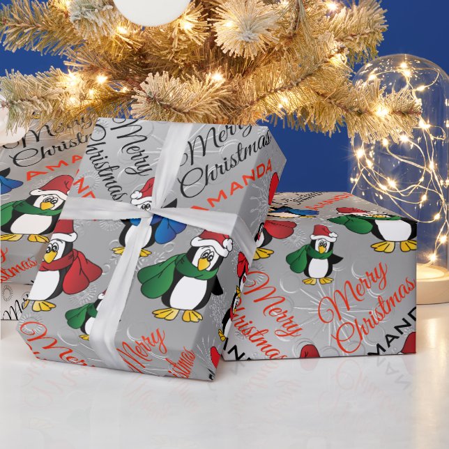 Cartoon Penguin Stack - Personalize Wrapping Paper (Holidays)
