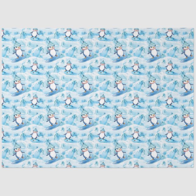 Cartoon Penguin Surfing Tissue Paper (Front)