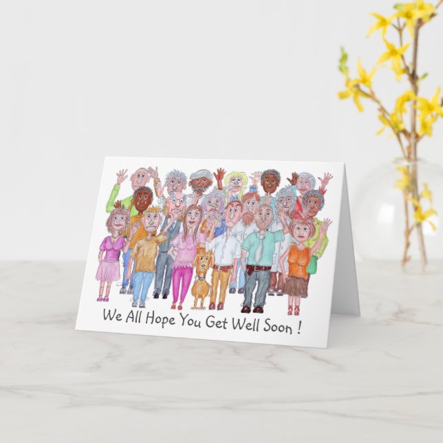 Cartoon People With A Get Well Message Card (Yellow Flower)