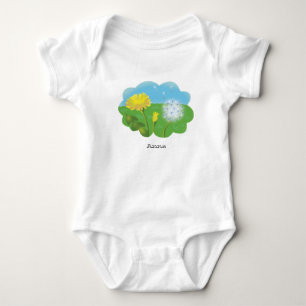 cartoon personalized dandelion in the meadow in s baby bodysuit