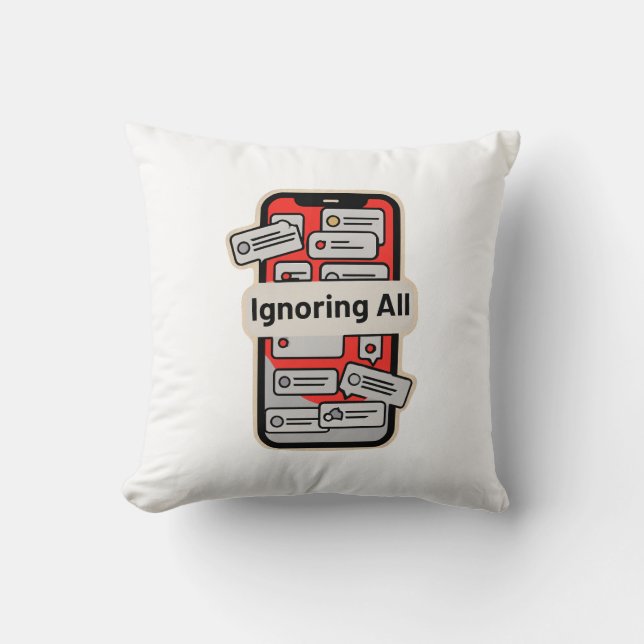 Cartoon Phone with Notifications – “Ignoring All” Throw Pillow (Front)