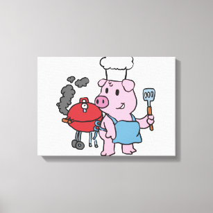 Cartoon pig making bbq   choose background colour canvas print