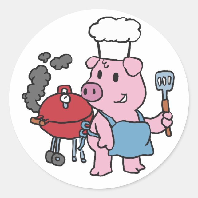Cartoon pig making bbq | choose background colour classic round sticker (Front)